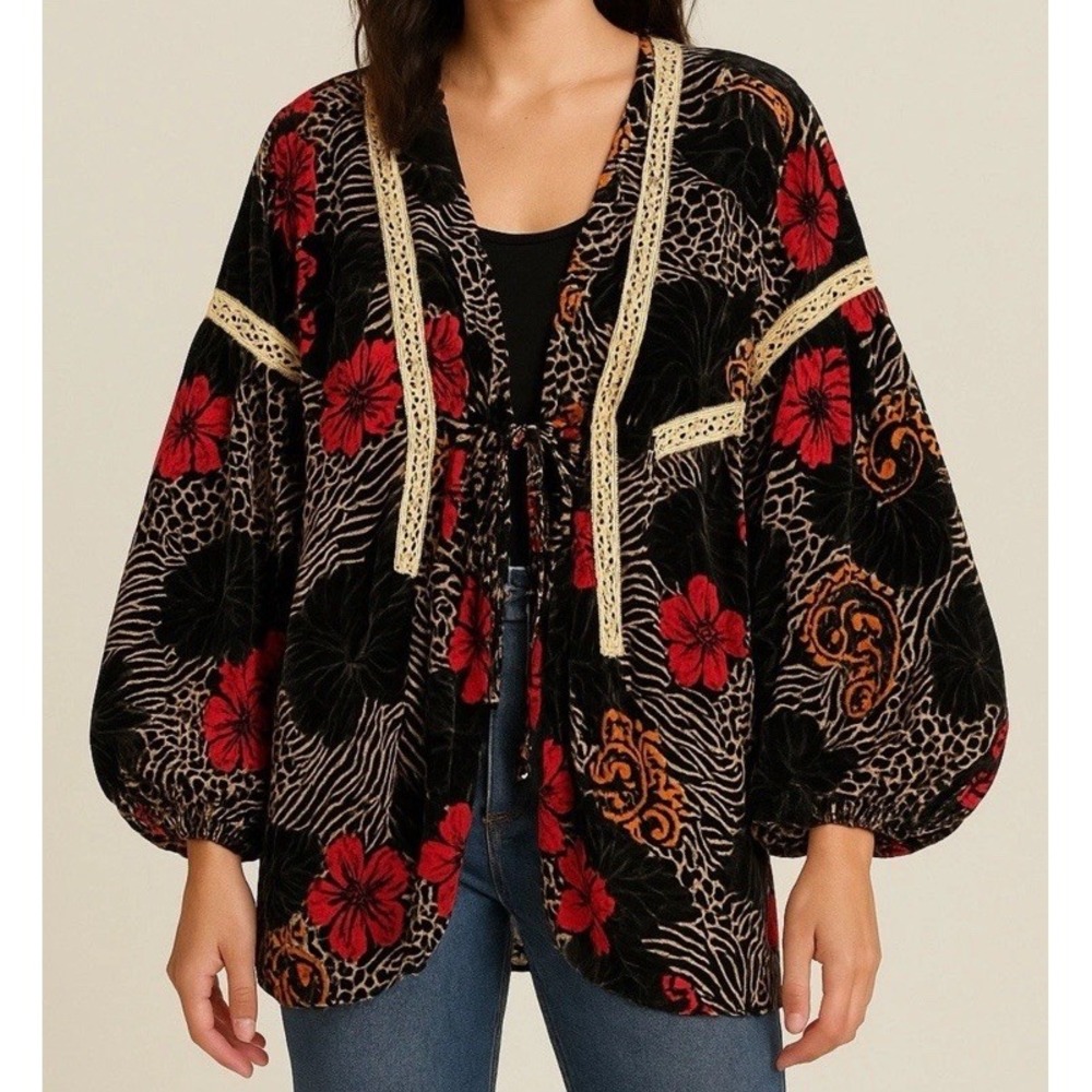 POL Kimono Jacket Cardigan Small Velvet Burnout Witchy Whimsigoth Fairy‎